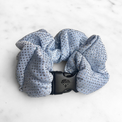 Best zero tangle no pull hair tie elastics and scrunchie hair accessories for snag-free, pull-free, rip-free, hair. Smooth, effortless hair ties and hair scrunchies for athletes, active moms, fitness, & sports. Frozen Blue Sparkles Buckle Scrunchie - No Snagging, No Tangles