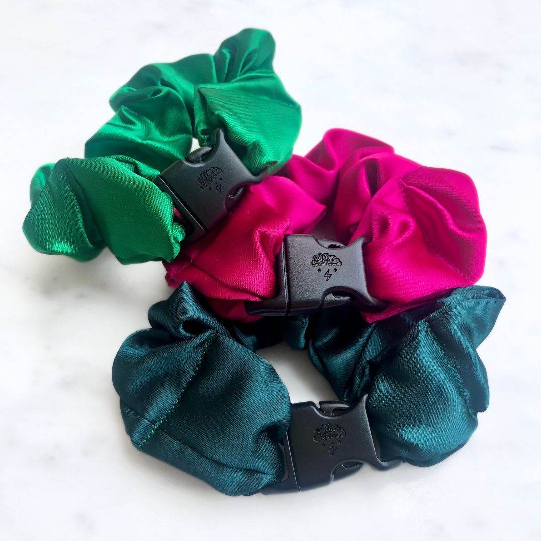 Best hair tie elastics and scrunchie hair accessories for snag-free, pull-free, rip-free, hair. Smooth, effortless hair ties and hair scrunchies for athletes, active moms, fitness, & sports. Watermelon Mix - 3-Pack Vibrant Buckle Scrunchies Bundle - No Snagging, No Tangles Recycled Satin Standard (1.25 to 1.5 inch thickness)