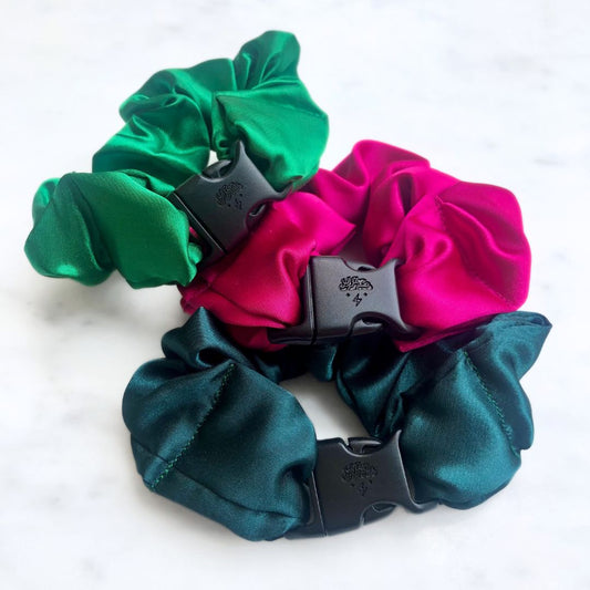 Best hair tie elastics and scrunchie hair accessories for snag-free, pull-free, rip-free, hair. Smooth, effortless hair ties and hair scrunchies for athletes, active moms, fitness, & sports. Watermelon Mix - 3-Pack Vibrant Buckle Scrunchies Bundle - No Snagging, No Tangles Recycled Satin Standard (1.25 to 1.5 inch thickness)