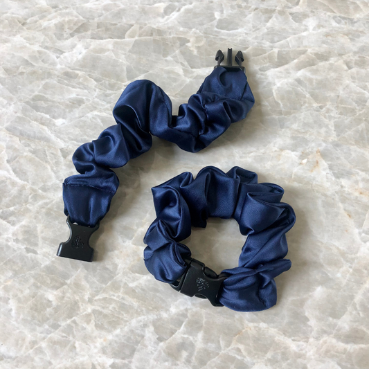 Best hair tie elastics and scrunchie hair accessories for snag-free, pull-free, rip-free, hair. Smooth, effortless hair ties and hair scrunchies for athletes, active moms, fitness, & sports. Buckle Scrunchie - Vibrant Solid Colors - No Snagging, No Tangles Midnight Navy Recycled Satin Standard (1.25 to 1.5 inch thickness)