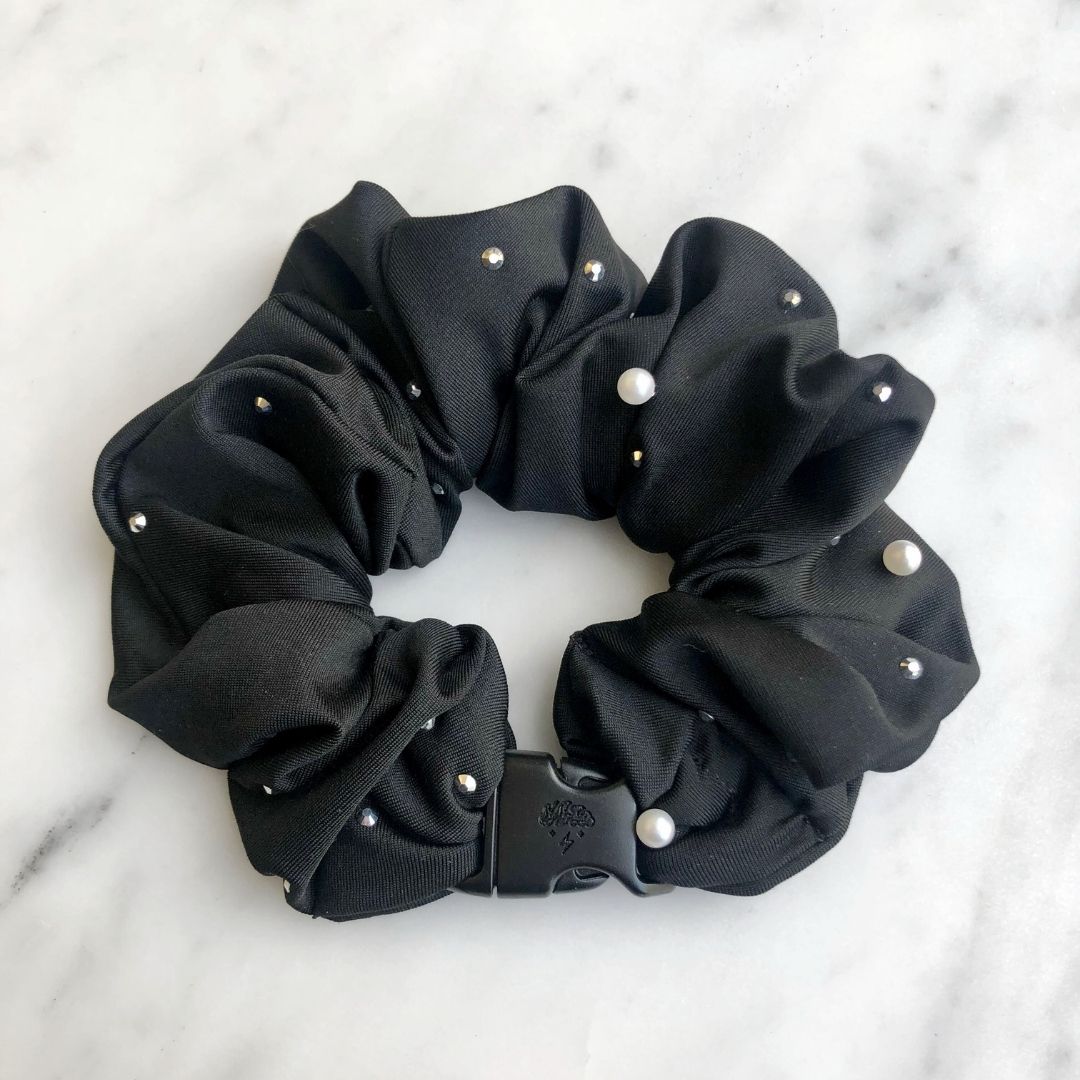 Best hair tie elastics and scrunchie hair accessories for snag-free, pull-free, rip-free, hair. Smooth, effortless hair ties and hair scrunchies for athletes, active moms, fitness, & sports. Studded Goth Black Jumbo Buckle Scrunchie - No Snagging, No Tangles