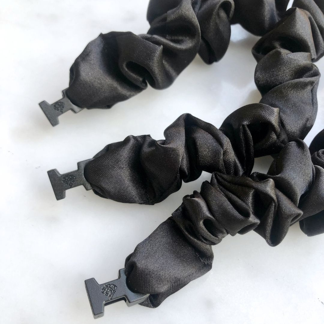 Best hair tie elastics and scrunchie hair accessories for snag-free, pull-free, rip-free, hair. Smooth, effortless hair ties and hair scrunchies for athletes, active moms, fitness, & sports. MINI 3-Pack Neutral Buckle Scrunchies Bundle - No Snagging, No Tangles