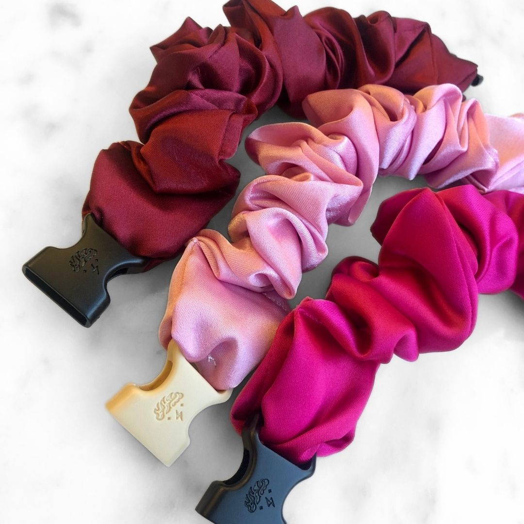 Best hair tie elastics and scrunchie hair accessories for snag-free, pull-free, rip-free, hair. Smooth, effortless hair ties and hair scrunchies for athletes, active moms, fitness, & sports. Valentine's Day Gift Set Bundle - 3-Pack Buckle Scrunchies - No Snagging, No Tangles
