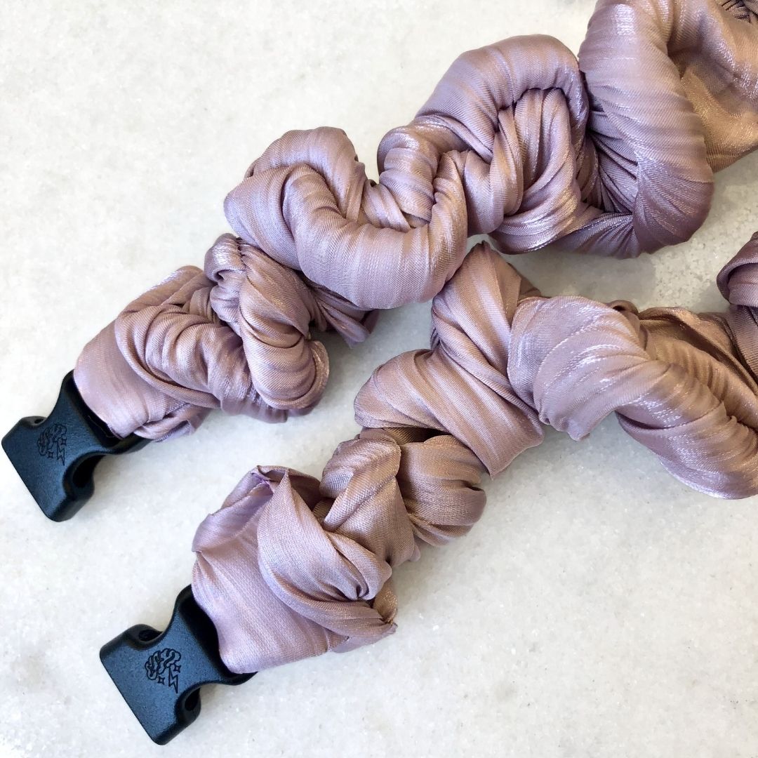 Best hair tie elastics and scrunchie hair accessories for snag-free, pull-free, rip-free, hair. Smooth, effortless hair ties and hair scrunchies for athletes, active moms, fitness, & sports. Lavender Cloud Buckle Scrunchie - No Snagging, No Tangles