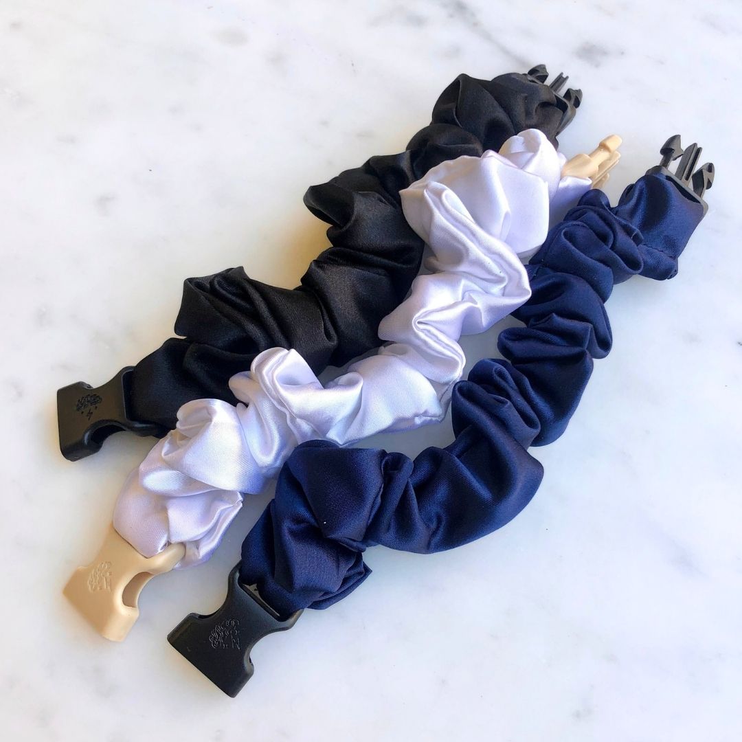 Best hair tie elastics and scrunchie hair accessories for snag-free, pull-free, rip-free, hair. Smooth, effortless hair ties and hair scrunchies for athletes, active moms, fitness, & sports. Power Trio - 3-Pack Neutral Buckle Scrunchies Bundle - No Snagging, No Tangles