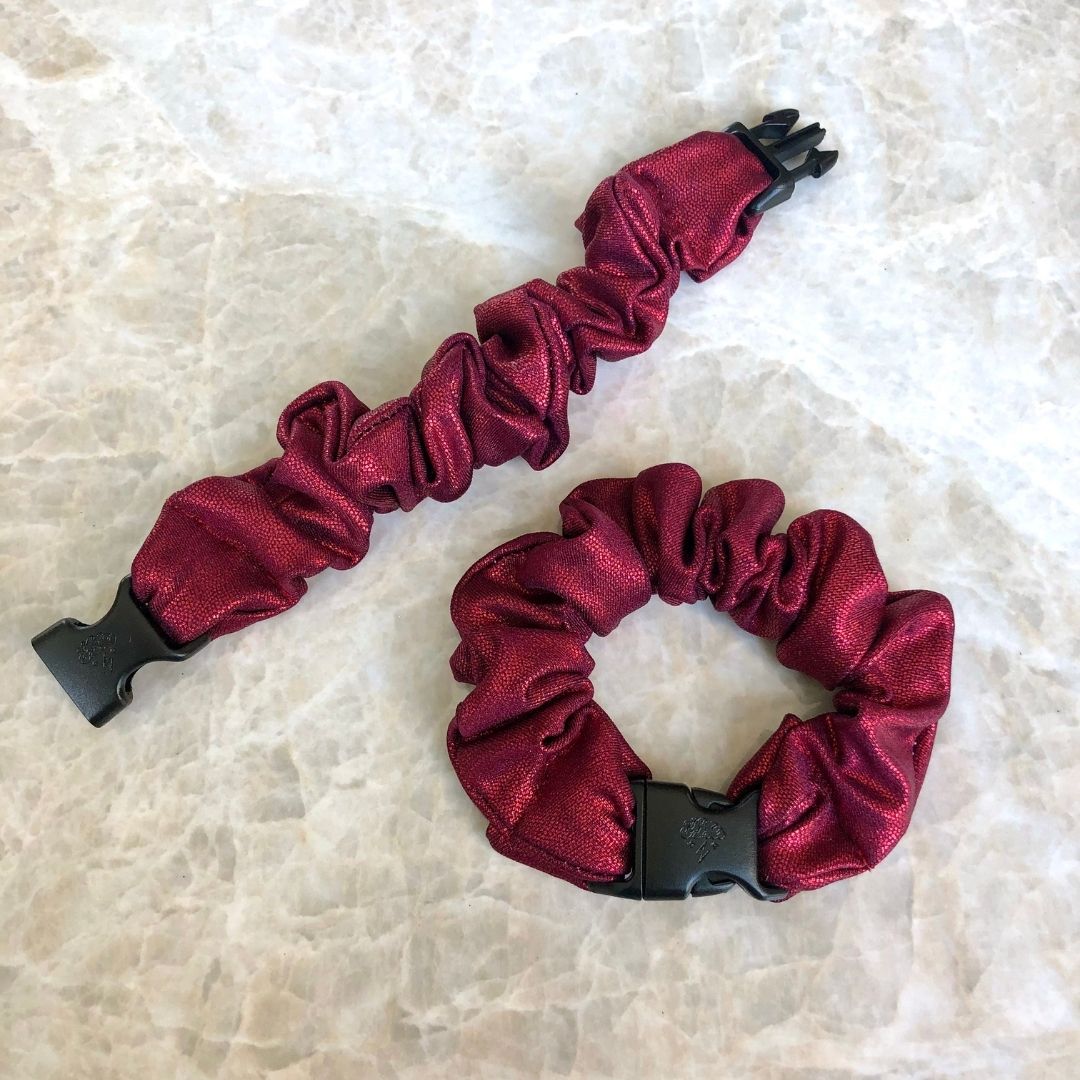 Best hair tie elastics and scrunchie hair accessories for snag-free, pull-free, rip-free, hair. Smooth, effortless hair ties and hair scrunchies for athletes, active moms, fitness, & sports. Ruby Metallic Glitter Red Buckle Scrunchie - No Snagging, No Tangles