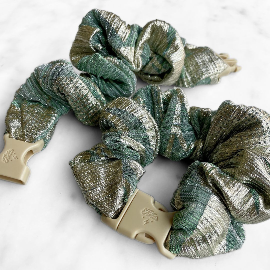 Best zero tangle no pull hair tie elastics and scrunchie hair accessories for snag-free, pull-free, rip-free, hair. Smooth, effortless hair ties and hair scrunchies for athletes, active moms, fitness, & sports. Gilded Sage Buckle Scrunchie - No Snagging, No Tangles