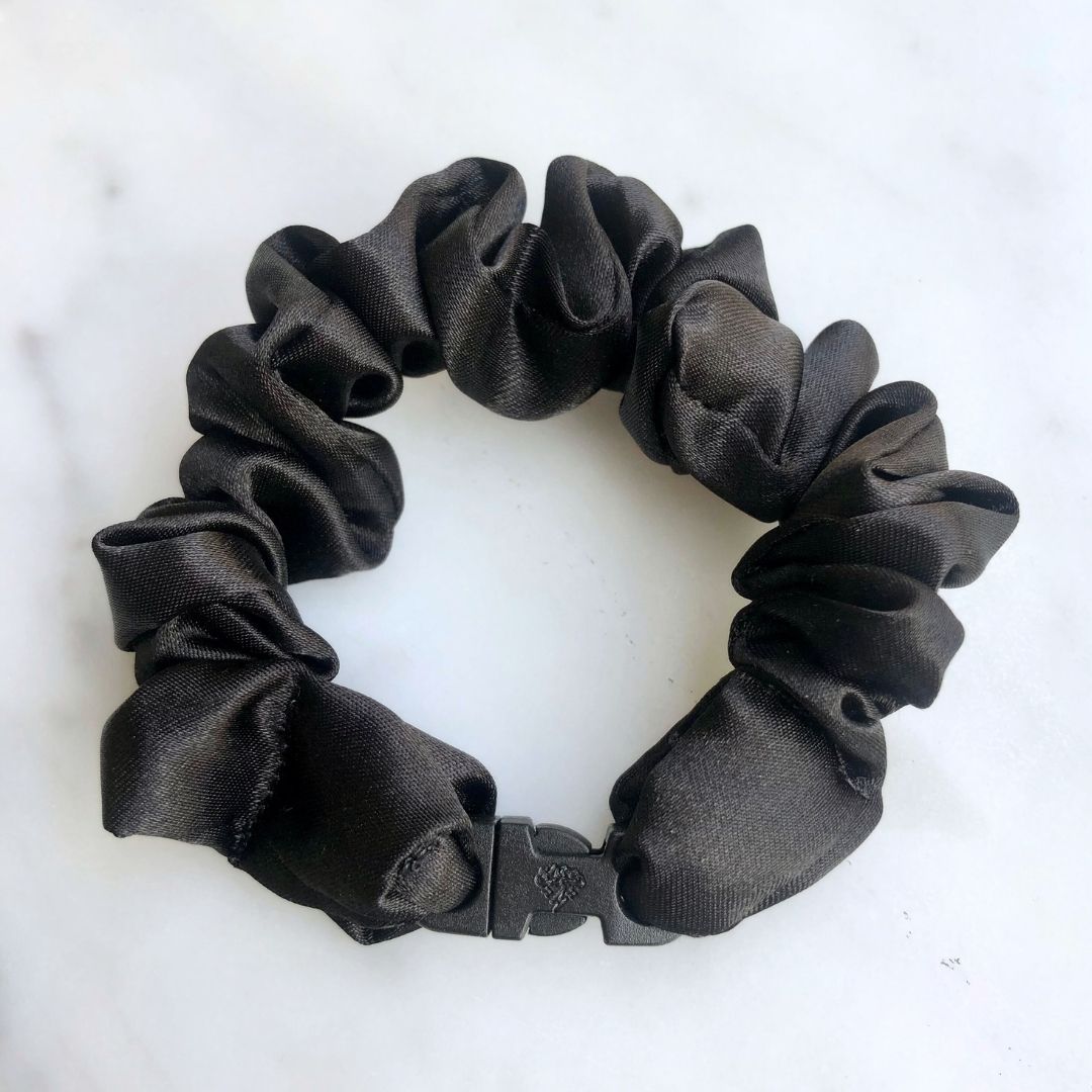 Best hair tie elastics and scrunchie hair accessories for snag-free, pull-free, rip-free, hair. Smooth, effortless hair ties and hair scrunchies for athletes, active moms, fitness, & sports. MINI 3-Pack Neutral Buckle Scrunchies Bundle - No Snagging, No Tangles