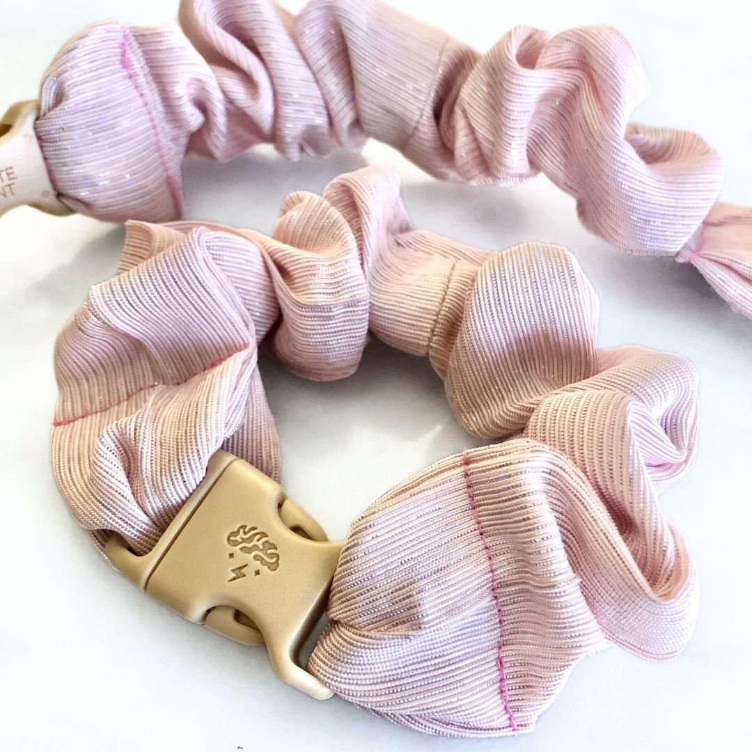 Best hair tie elastics and scrunchie hair accessories for snag-free, pull-free, rip-free, hair. Smooth, effortless hair ties and hair scrunchies for athletes, active moms, fitness, & sports. Candy Floss Pink Buckle Scrunchie - No Snagging, No Tangles Candy Floss Pink