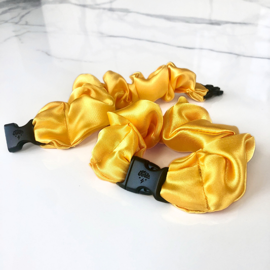 Best hair tie elastics and scrunchie hair accessories for snag-free, pull-free, rip-free, hair. Smooth, effortless hair ties and hair scrunchies for athletes, active moms, fitness, & sports. Warm Collection Buckle Scrunchies - No Snagging, No Tangles Sunflower Yellow Recycled Satin Standard (1.25 to 1.5 inch thickness)