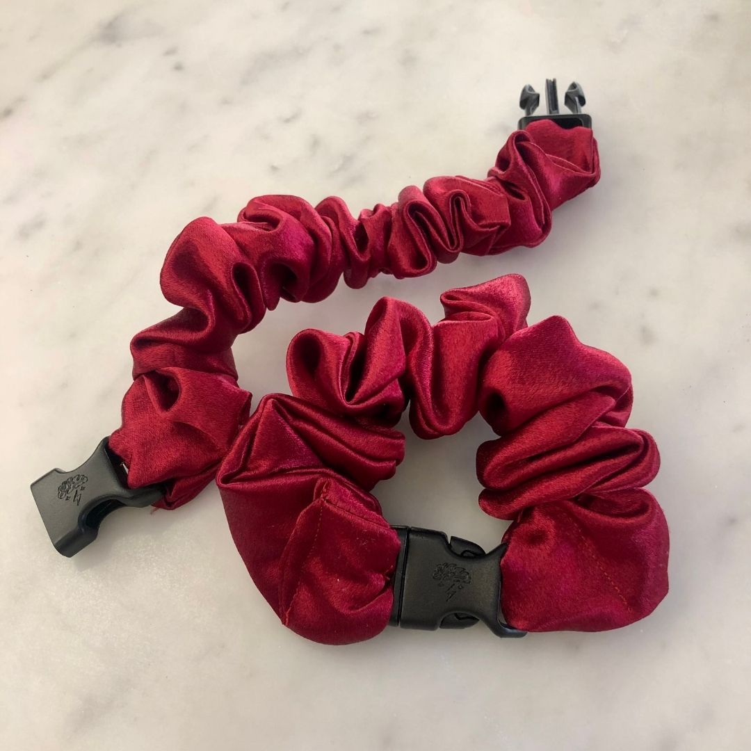 Best hair tie elastics and scrunchie hair accessories for snag-free, pull-free, rip-free, hair. Smooth, effortless hair ties and hair scrunchies for athletes, active moms, fitness, & sports. Cherry Red Buckle Scrunchie - No Snagging, No Tangles