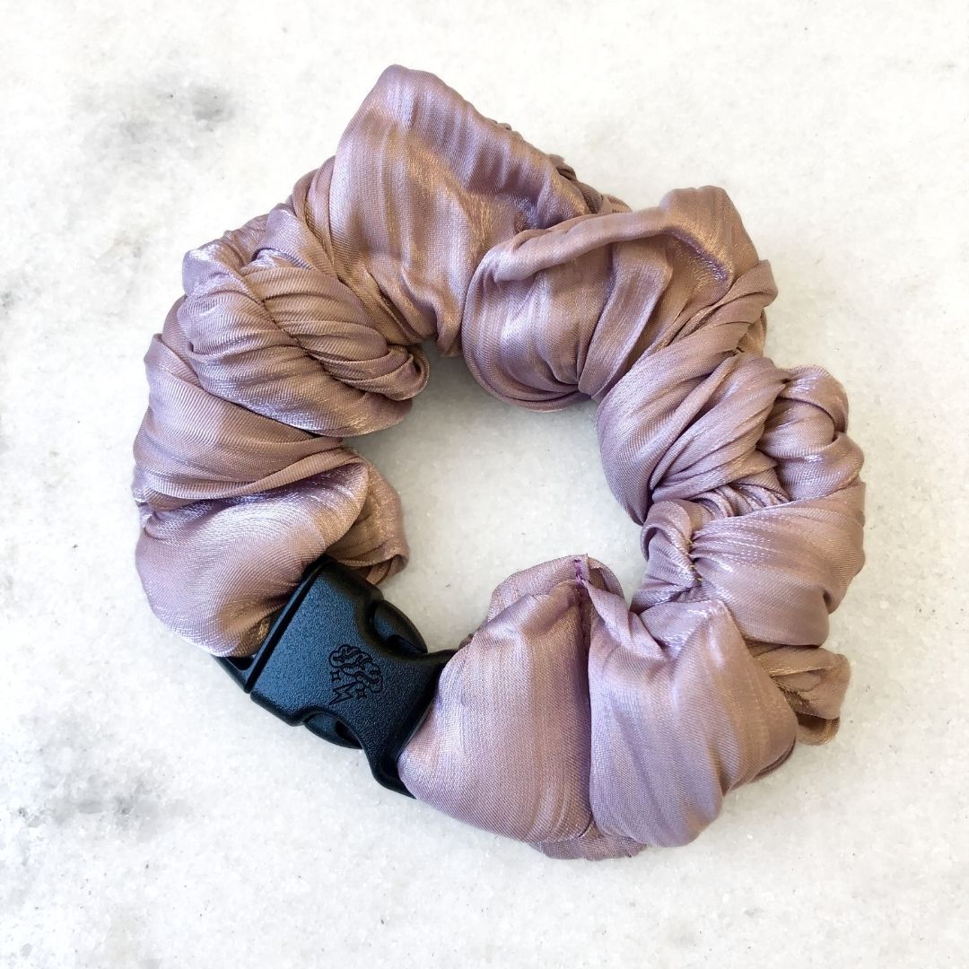 Best hair tie elastics and scrunchie hair accessories for snag-free, pull-free, rip-free, hair. Smooth, effortless hair ties and hair scrunchies for athletes, active moms, fitness, & sports. Lavender Cloud Buckle Scrunchie - No Snagging, No Tangles