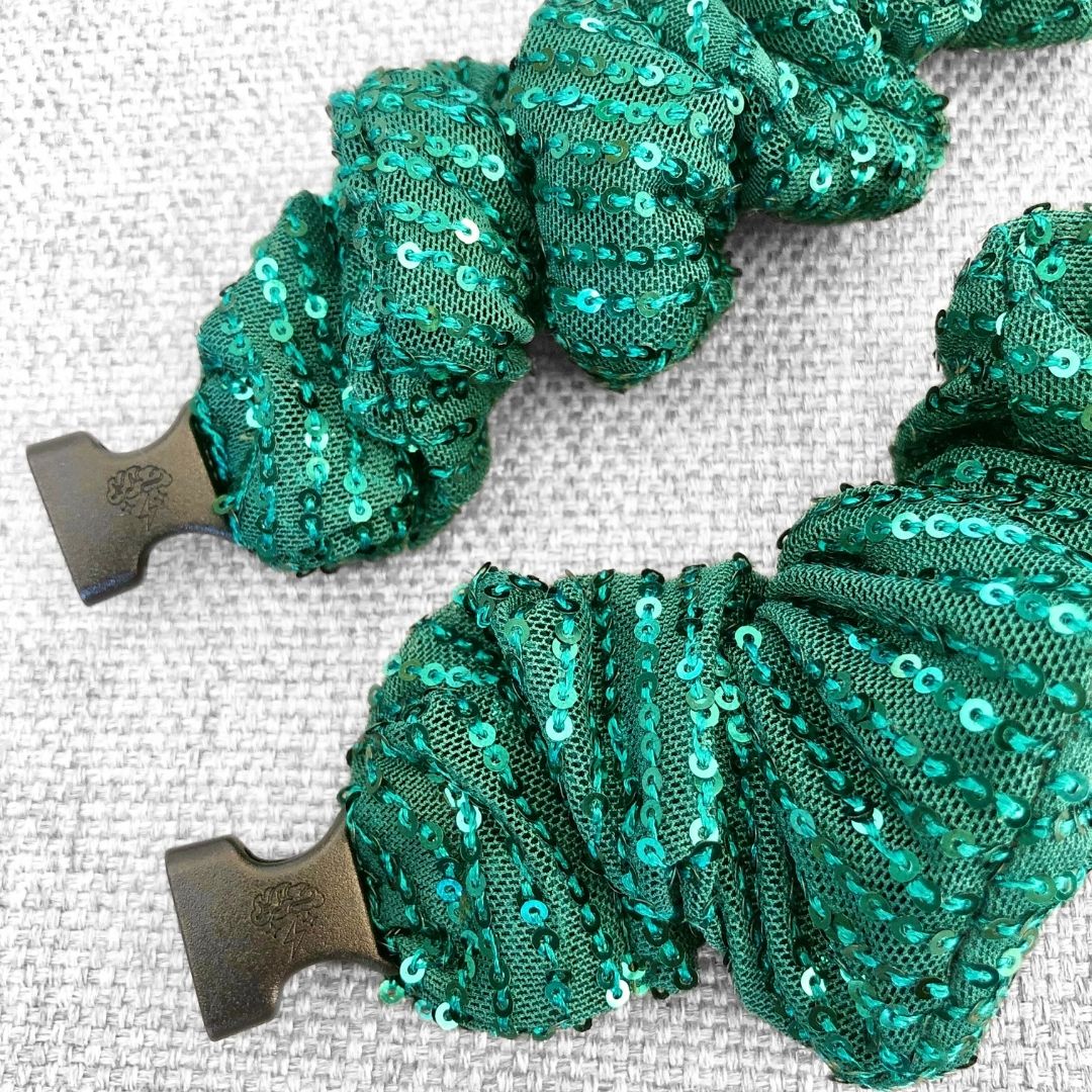Best hair tie elastics and scrunchie hair accessories for snag-free, pull-free, rip-free, hair. Smooth, effortless hair ties and hair scrunchies for athletes, active moms, fitness, & sports. Evergreen Tinsel JUMBO Buckle Scrunchie - No Snagging, No Tangles