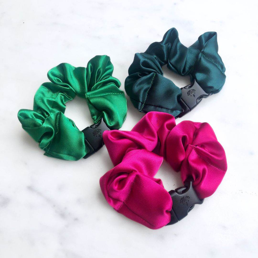 Best hair tie elastics and scrunchie hair accessories for snag-free, pull-free, rip-free, hair. Smooth, effortless hair ties and hair scrunchies for athletes, active moms, fitness, & sports. Watermelon Mix - 3-Pack Vibrant Buckle Scrunchies Bundle - No Snagging, No Tangles