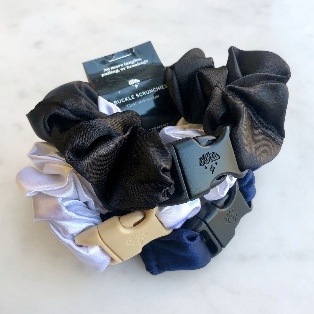Best hair tie elastics and scrunchie hair accessories for snag-free, pull-free, rip-free, hair. Smooth, effortless hair ties and hair scrunchies for athletes, active moms, fitness, & sports. Power Trio - 3-Pack Neutral Buckle Scrunchies Bundle - No Snagging, No Tangles