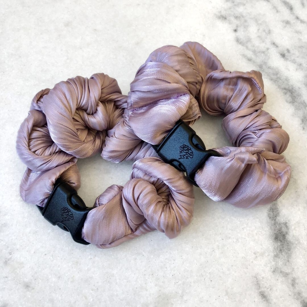 Best hair tie elastics and scrunchie hair accessories for snag-free, pull-free, rip-free, hair. Smooth, effortless hair ties and hair scrunchies for athletes, active moms, fitness, & sports. Lavender Cloud Buckle Scrunchie - No Snagging, No Tangles