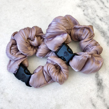 Best zero tangle no pull hair tie elastics and scrunchie hair accessories for snag-free, pull-free, rip-free, hair. Smooth, effortless hair ties and hair scrunchies for athletes, active moms, fitness, & sports. Lavender Cloud Buckle Scrunchie - No Snagging, No Tangles
