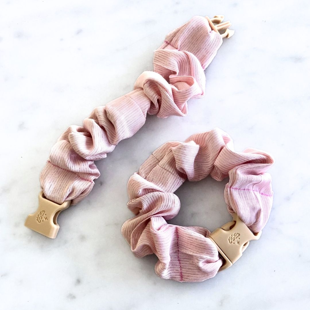 Best hair tie elastics and scrunchie hair accessories for snag-free, pull-free, rip-free, hair. Smooth, effortless hair ties and hair scrunchies for athletes, active moms, fitness, & sports. Candy Floss Pink Buckle Scrunchie - No Snagging, No Tangles