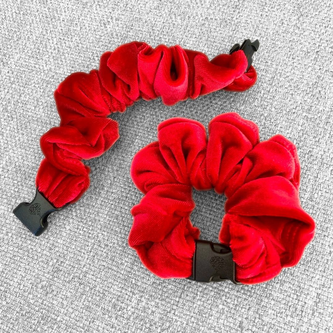 Best hair tie elastics and scrunchie hair accessories for snag-free, pull-free, rip-free, hair. Smooth, effortless hair ties and hair scrunchies for athletes, active moms, fitness, & sports. Scarlet Red Velvet Buckle Scrunchie - No Snagging, No Tangles Scarlet Red Recycled Velvet Standard (1.5 to 2 inch thickness)