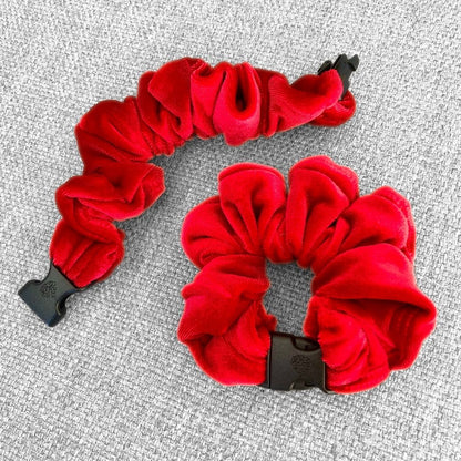 Best zero tangle no pull hair tie elastics and scrunchie hair accessories for snag-free, pull-free, rip-free, hair. Smooth, effortless hair ties and hair scrunchies for athletes, active moms, fitness, & sports. Scarlet Red Velvet Buckle Scrunchie - No Snagging, No Tangles Scarlet Red Recycled Velvet Standard (1.5 to 2 inch thickness)