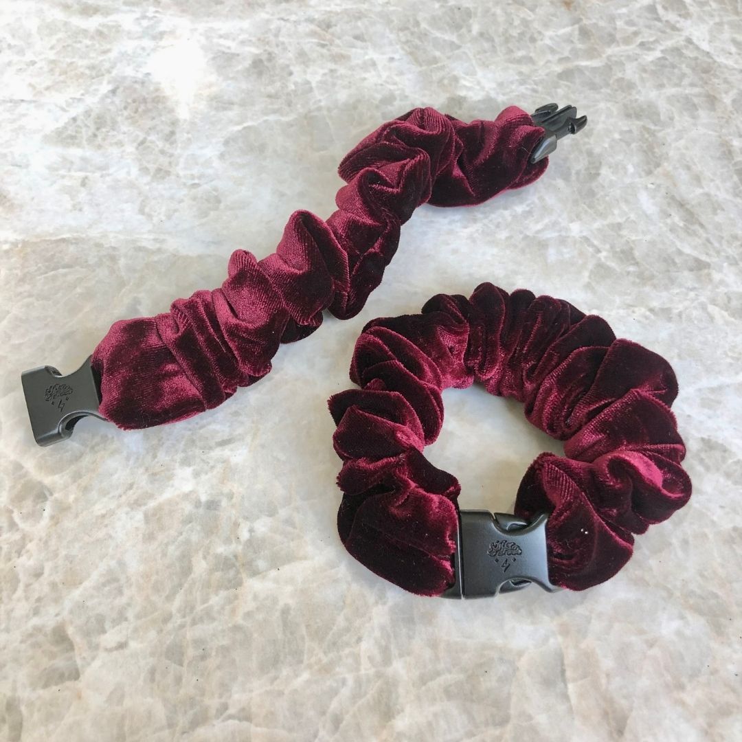 Best hair tie elastics and scrunchie hair accessories for snag-free, pull-free, rip-free, hair. Smooth, effortless hair ties and hair scrunchies for athletes, active moms, fitness, & sports. Holiday Bordeaux Velvet Buckle Scrunchie - No Snagging, No Tangles