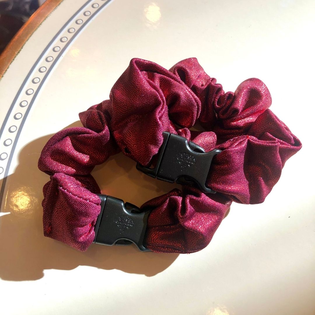 Best hair tie elastics and scrunchie hair accessories for snag-free, pull-free, rip-free, hair. Smooth, effortless hair ties and hair scrunchies for athletes, active moms, fitness, & sports. Ruby Metallic Glitter Red Buckle Scrunchie - No Snagging, No Tangles