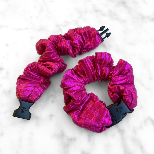 Best hair tie elastics and scrunchie hair accessories for snag-free, pull-free, rip-free, hair. Smooth, effortless hair ties and hair scrunchies for athletes, active moms, fitness, & sports. Metallic Mermaid Magenta Buckle Scrunchie - No Snagging, No Tangles Mermaid Magenta Recycled Polyspandex Standard (1.25 to 1.5 inch thickness)