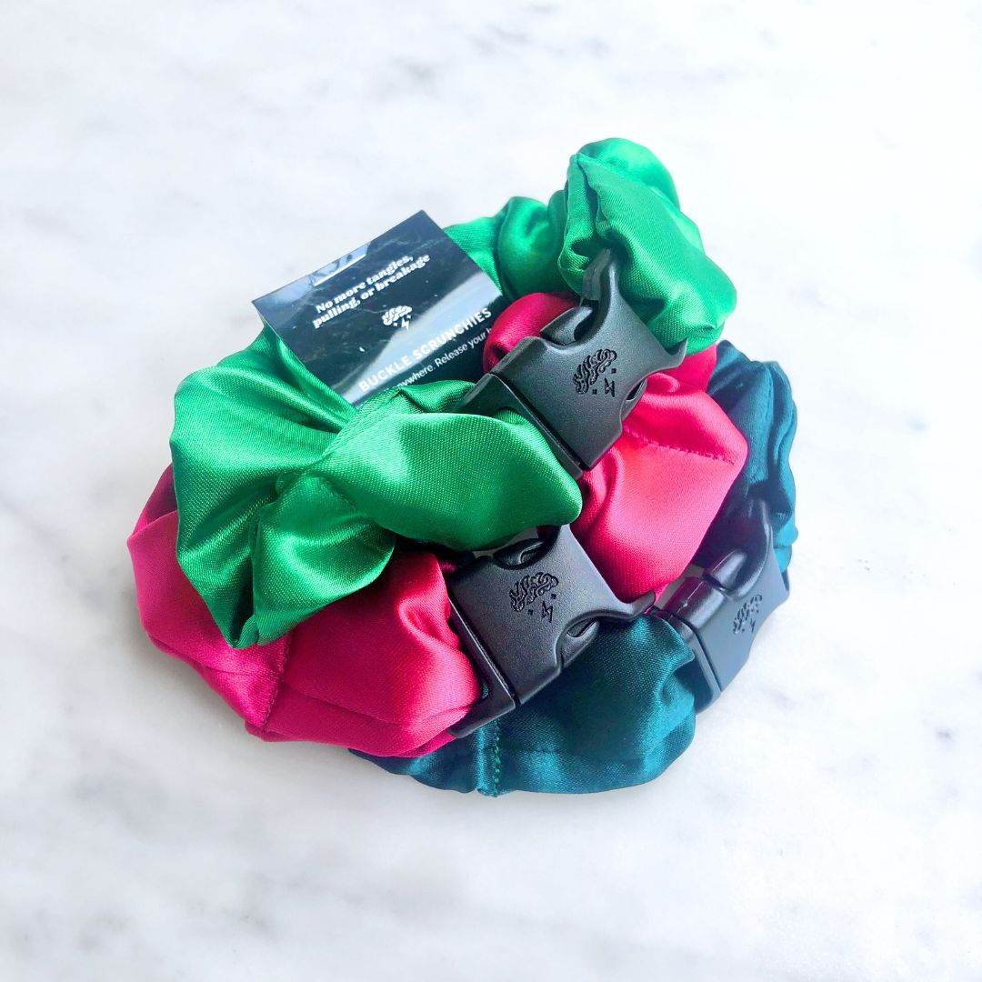 Best hair tie elastics and scrunchie hair accessories for snag-free, pull-free, rip-free, hair. Smooth, effortless hair ties and hair scrunchies for athletes, active moms, fitness, & sports. Watermelon Mix - 3-Pack Vibrant Buckle Scrunchies Bundle - No Snagging, No Tangles
