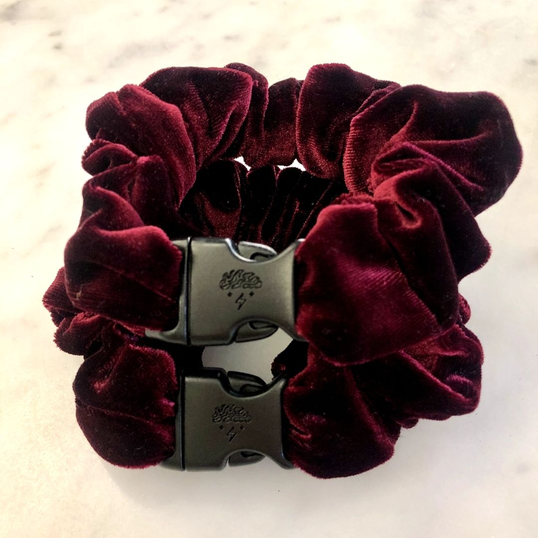 Best hair tie elastics and scrunchie hair accessories for snag-free, pull-free, rip-free, hair. Smooth, effortless hair ties and hair scrunchies for athletes, active moms, fitness, & sports. Holiday Bordeaux Velvet Buckle Scrunchie - No Snagging, No Tangles