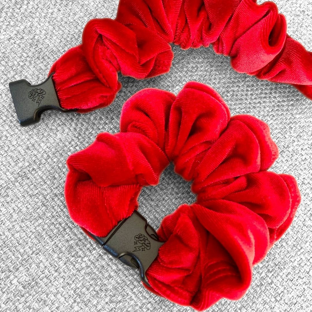 Best hair tie elastics and scrunchie hair accessories for snag-free, pull-free, rip-free, hair. Smooth, effortless hair ties and hair scrunchies for athletes, active moms, fitness, & sports. Scarlet Red Velvet Buckle Scrunchie - No Snagging, No Tangles