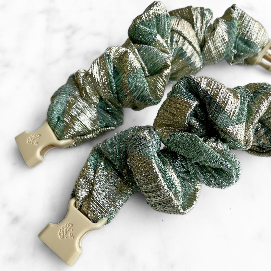 Best zero tangle no pull hair tie elastics and scrunchie hair accessories for snag-free, pull-free, rip-free, hair. Smooth, effortless hair ties and hair scrunchies for athletes, active moms, fitness, & sports. Gilded Sage Buckle Scrunchie - No Snagging, No Tangles