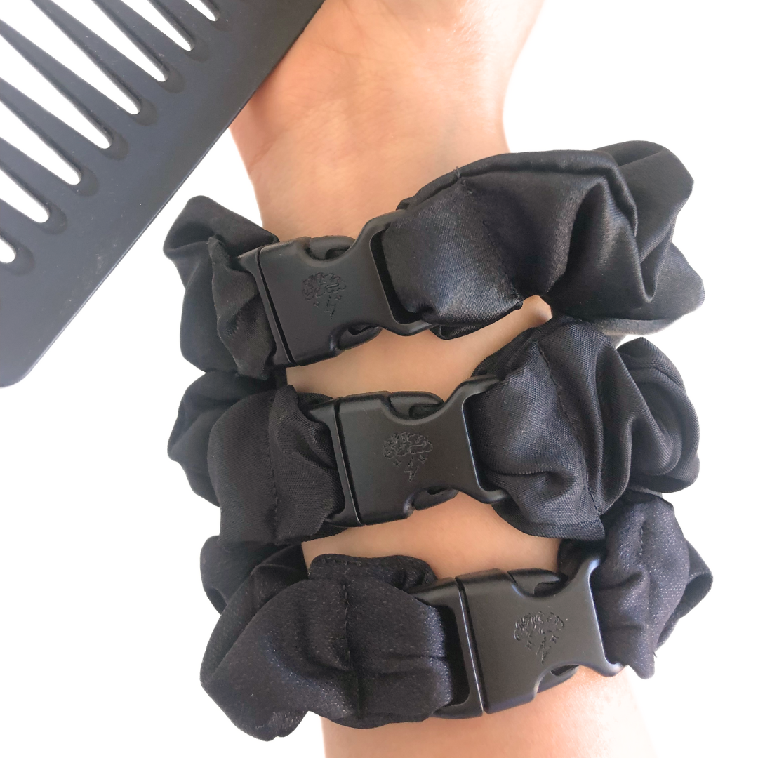 Best hair tie elastics and scrunchie hair accessories for snag-free, pull-free, rip-free, hair. Smooth, effortless hair ties and hair scrunchies for athletes, active moms, fitness, & sports. Buckle Scrunchie - Neutral Colors - No Snagging, No Tangles