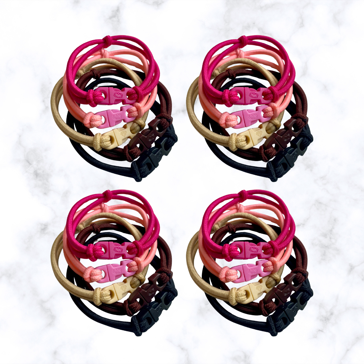 Buckle Hair Tie Variety 20 pack: four each in Industrial Black, Chocolate Brown, Champagne Blonde, Baby Pink, and Hot Pink