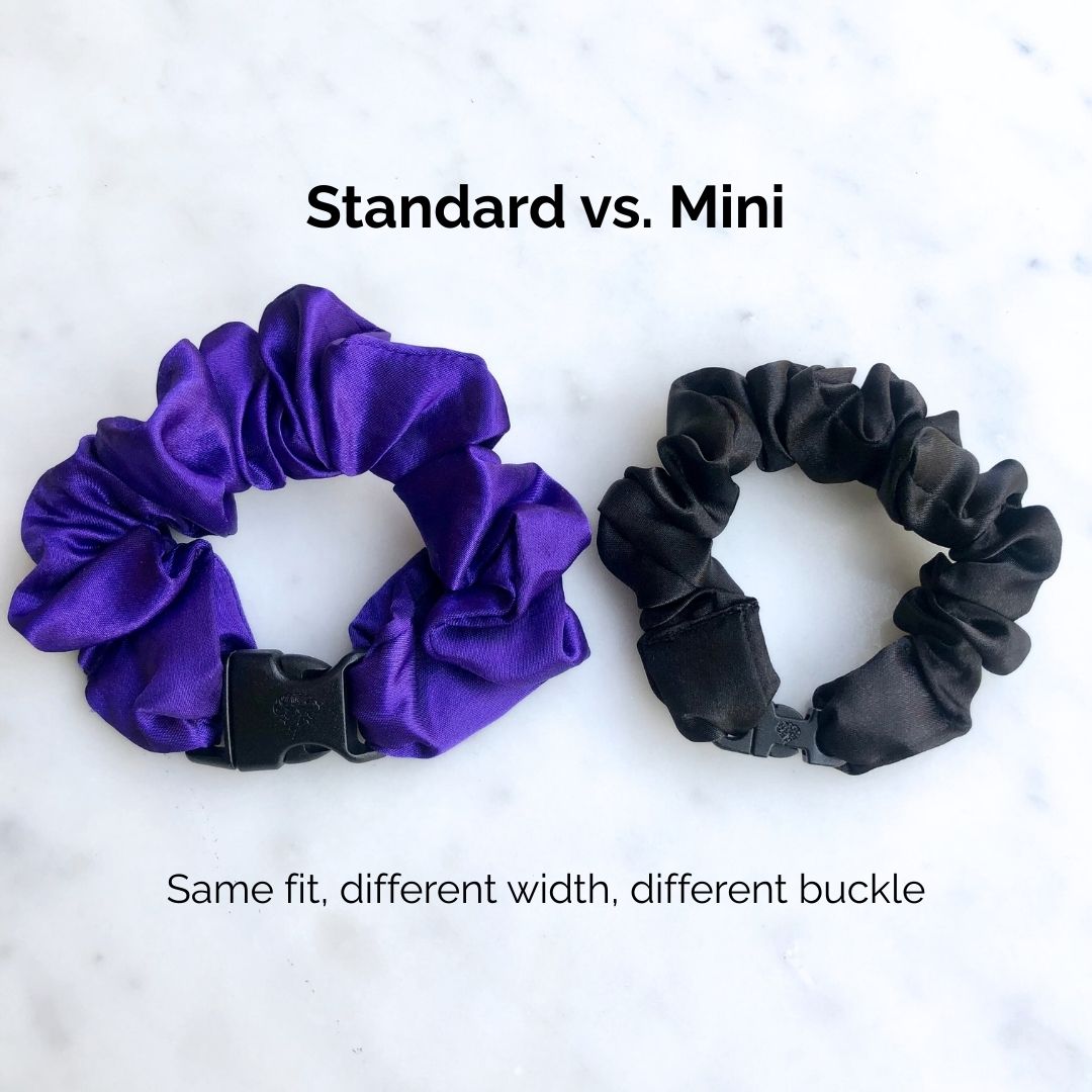Best hair tie elastics and scrunchie hair accessories for snag-free, pull-free, rip-free, hair. Smooth, effortless hair ties and hair scrunchies for athletes, active moms, fitness, & sports. MINI 3-Pack Neutral Buckle Scrunchies Bundle - No Snagging, No Tangles
