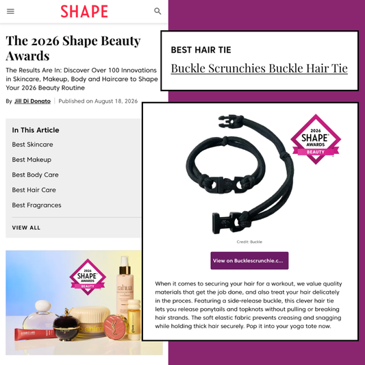 Best zero tangle no pull hair tie elastics and scrunchie hair accessories for snag-free, pull-free, rip-free, hair. Smooth, effortless hair ties and hair scrunchies for athletes, active moms, fitness, & sports. Buckle Hair Tie Elastics – Quick-Release, Snag-Free, Zero Tangles