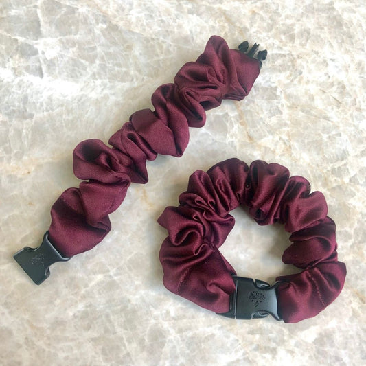 Best hair tie elastics and scrunchie hair accessories for snag-free, pull-free, rip-free, hair. Smooth, effortless hair ties and hair scrunchies for athletes, active moms, fitness, & sports. Buckle Scrunchie - Vibrant Solid Colors - No Snagging, No Tangles Maroon Red Recycled Satin Standard (1.25 to 1.5 inch thickness)