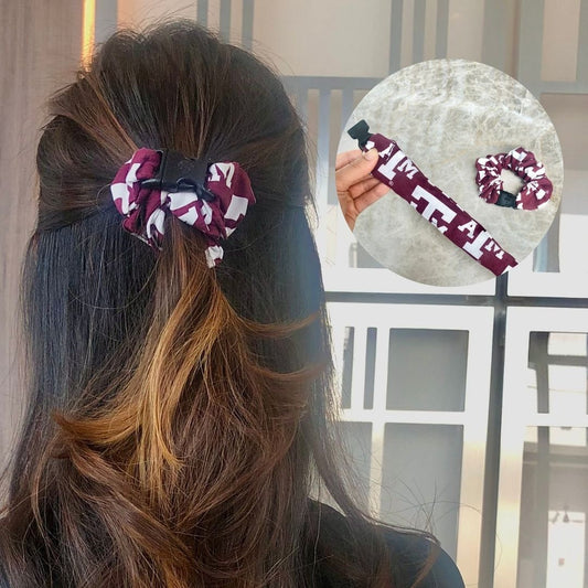 Best hair tie elastics and scrunchie hair accessories for snag-free, pull-free, rip-free, hair. Smooth, effortless hair ties and hair scrunchies for athletes, active moms, fitness, & sports. A&M Aggies Buckle Scrunchie - No Snagging, No Tangles A&M Maroon Recycled Cotton Standard (1.25 to 1.5 inch thickness)