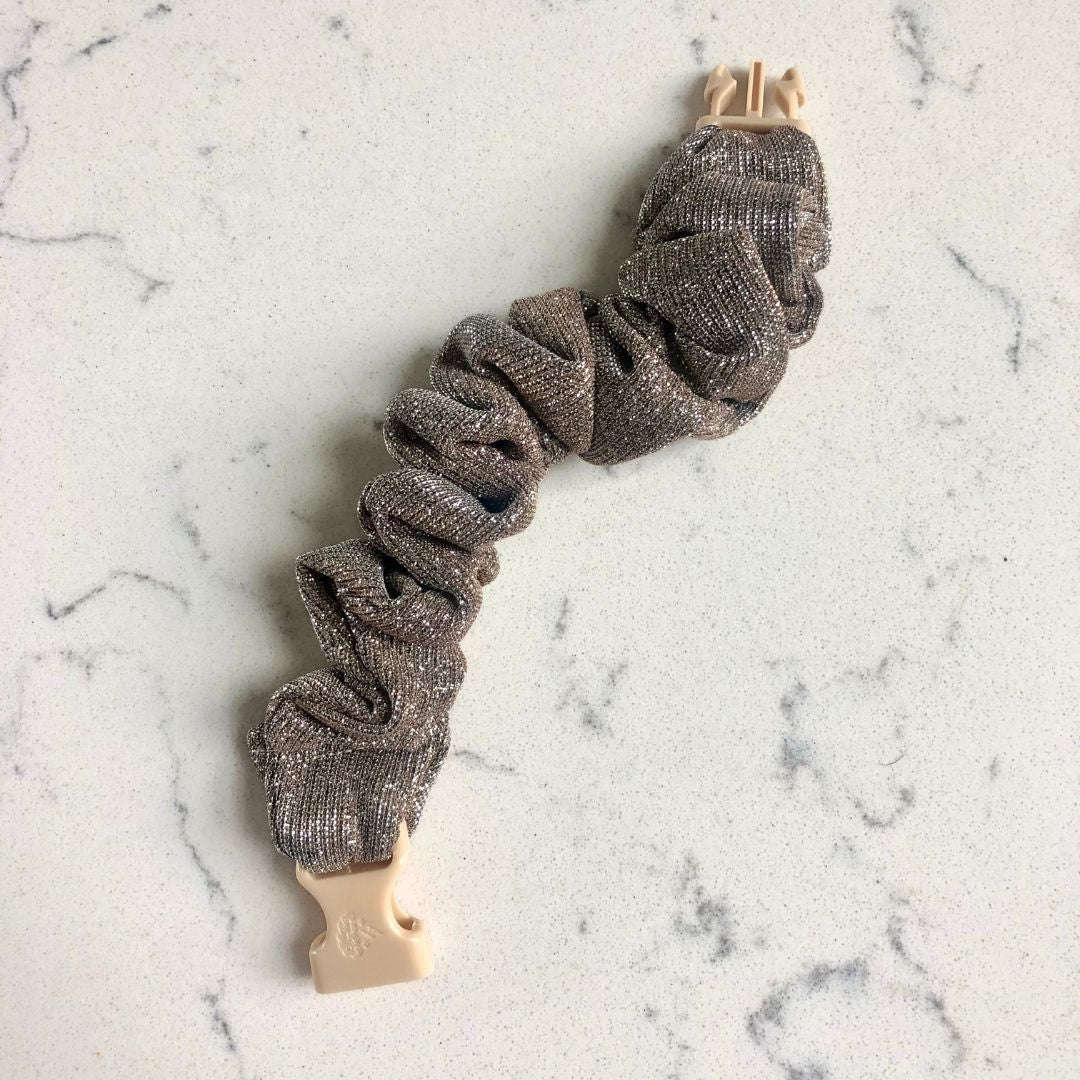 Best hair tie elastics and scrunchie hair accessories for snag-free, pull-free, rip-free, hair. Smooth, effortless hair ties and hair scrunchies for athletes, active moms, fitness, & sports. Champagne Glitter Buckle Scrunchie - No Snagging, No Tangles
