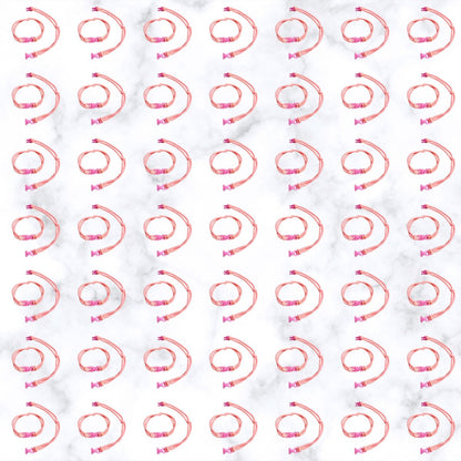 Grid of Baby Pink Buckle Hair Tie elastics on marble, 100 pack for cheer, volleyball, and Pink Out games