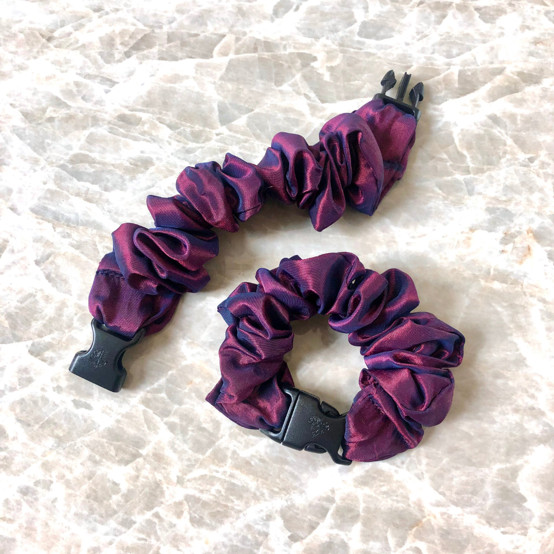 Astral Fire Buckle Scrunchie in metallic red and blue recycled polyblend, standard size