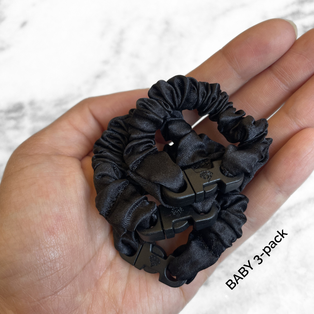 BABY Buckle Scrunchie in Industrial Black recycled satin, 0.5 inch thick and 4 inches long