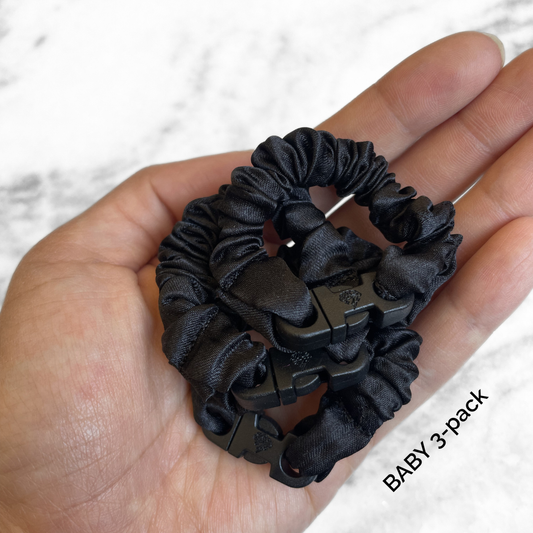 BABY Buckle Scrunchie in Industrial Black recycled satin, 0.5 inch thick and 4 inches long