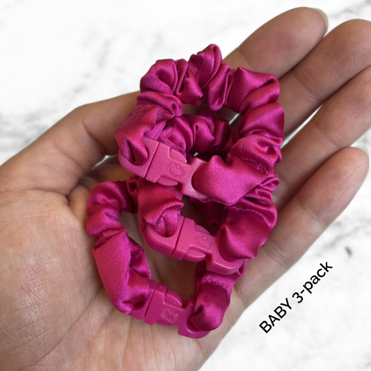 BABY Buckle Scrunchie in Hot Pink recycled satin, 0.5 inch thick and 4 inches long