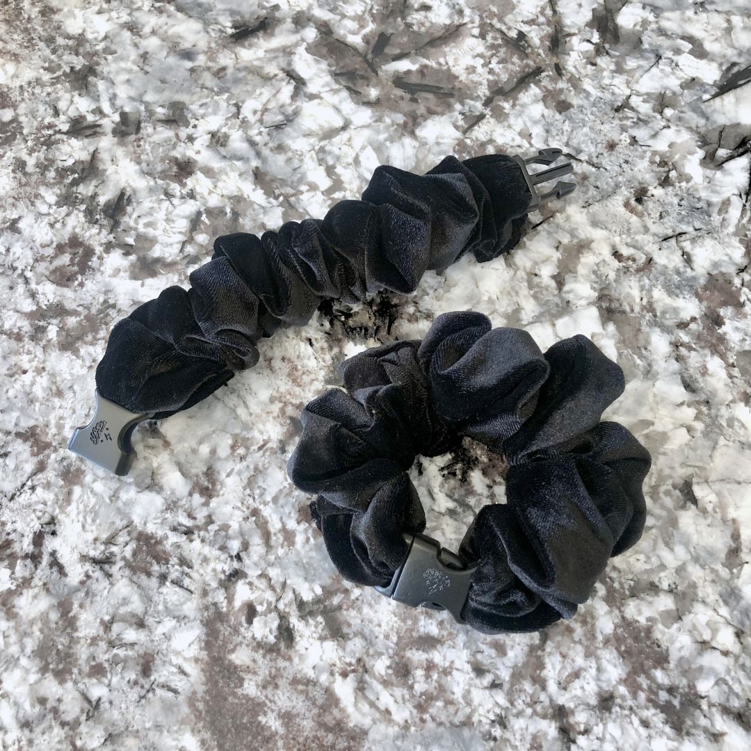 Black Velvet Buckle Scrunchie with its quick-release buckle