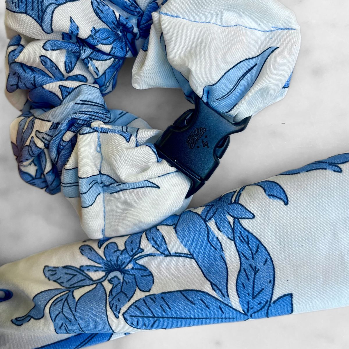 Blue Magnolia jumbo Buckle Scrunchie with its quick-release buckle