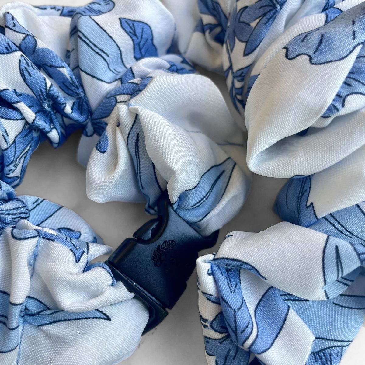 Blue Magnolia jumbo Buckle Scrunchie, snag-free hold for thick and curly hair