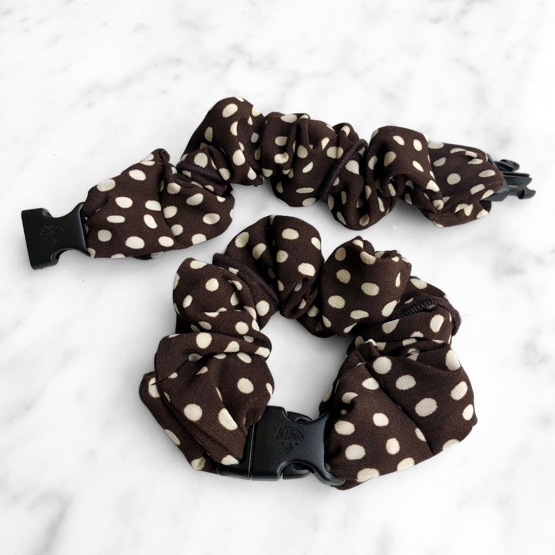 Chocolate Chip Buckle Scrunchie with its quick-release buckle