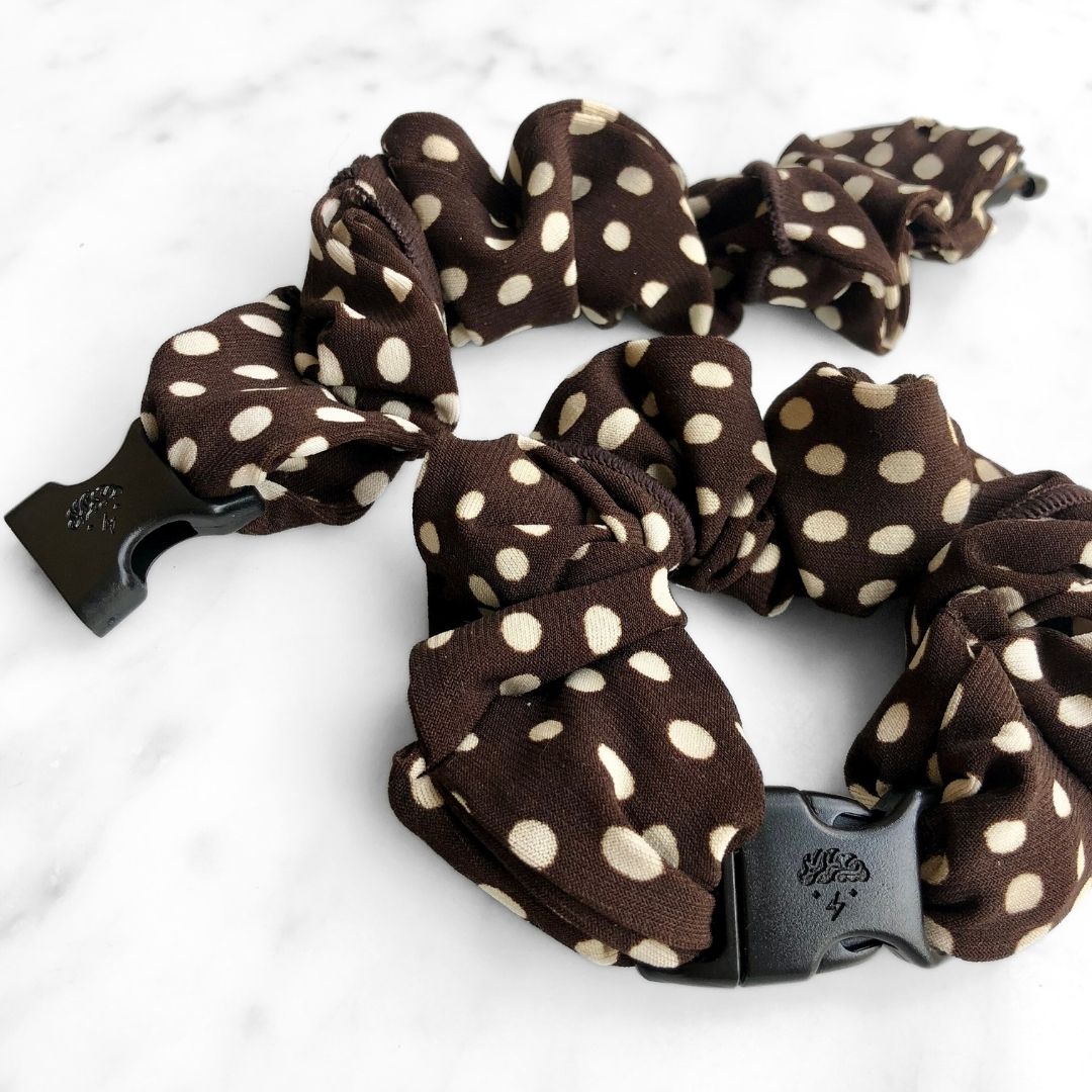 Brown and beige polka dot Buckle Scrunchie shown at standard size