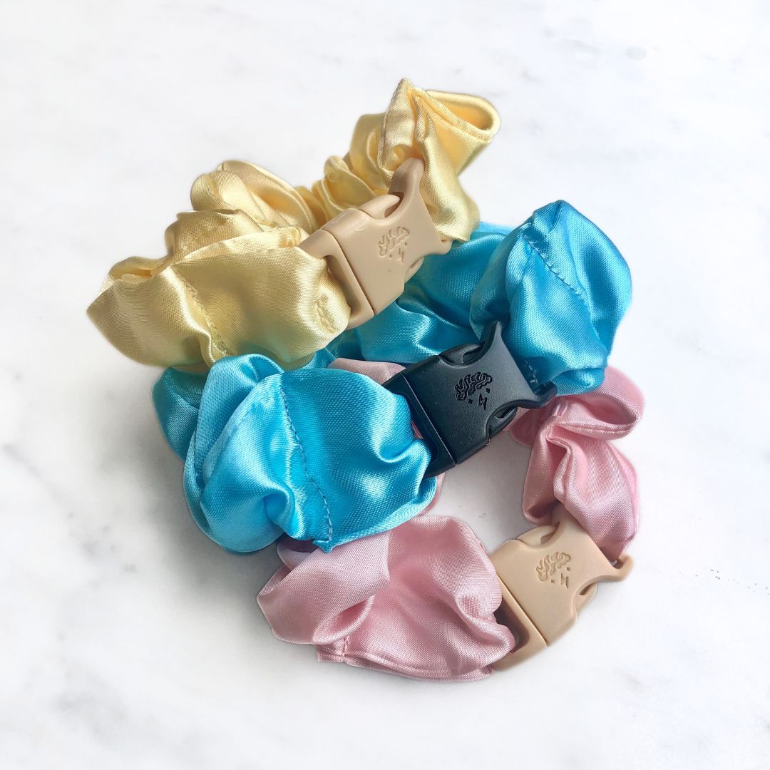 Cotton Candy three pack of pastel Buckle Scrunchies in recycled satin, standard size