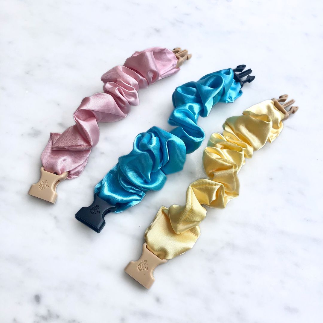 Pastel recycled satin Buckle Scrunchies bundled as a three pack